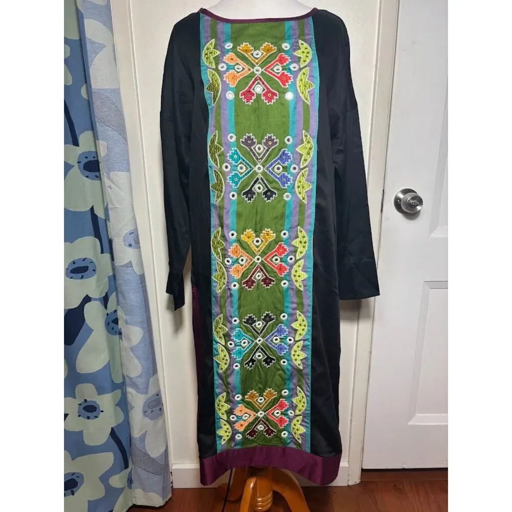 Gudrun Sjoden Dress Tunic Small Black embroidered Mirrored Lagenlook Art to Wear - Picture 4 of 8